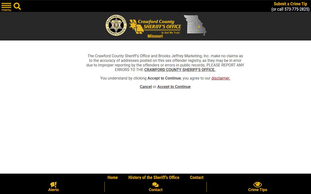Crawford County arrest records sex offender registry disclaimer