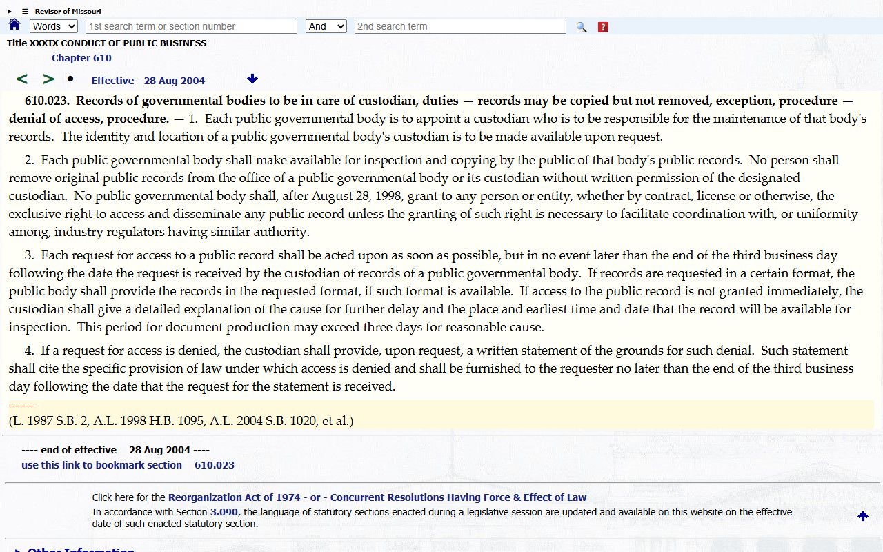Crawford County court records Missouri public records custodian response law