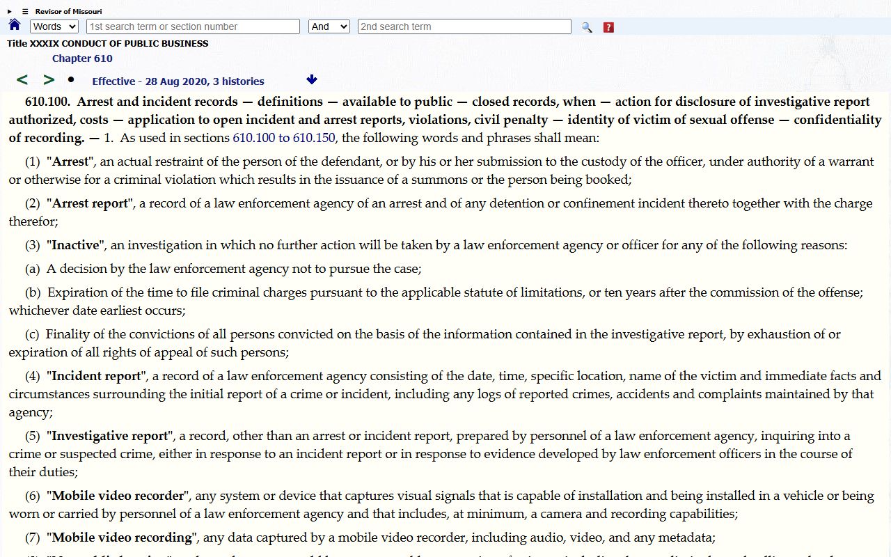 Crawford County criminal court records Missouri arrest and incident report statute
