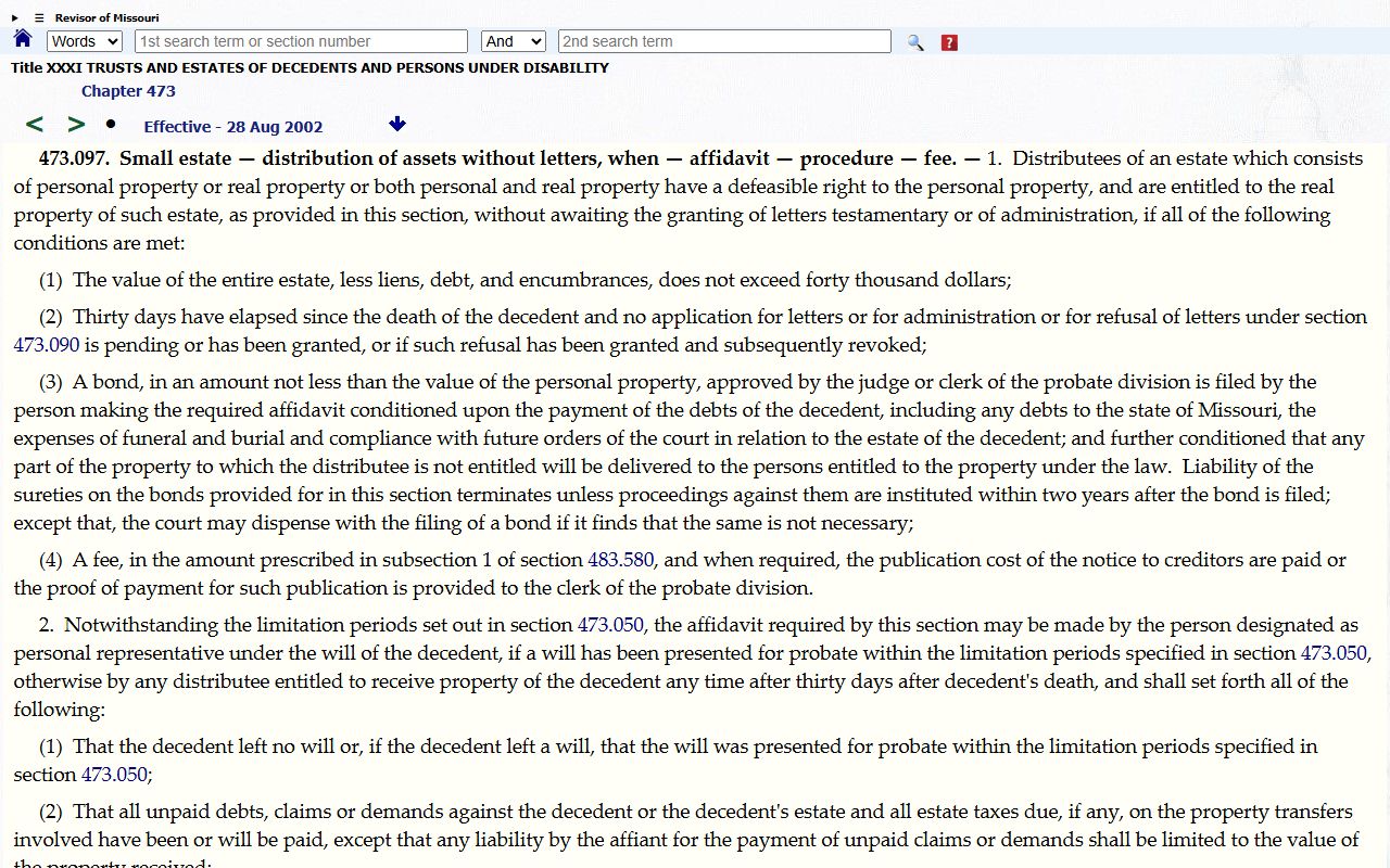 Crawford County probate records Missouri small estate statute