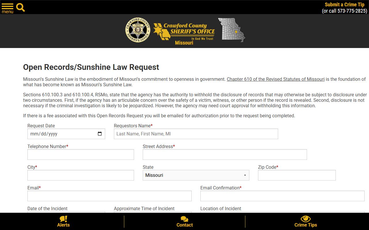 Crawford County warrant search Sheriff's open records request form